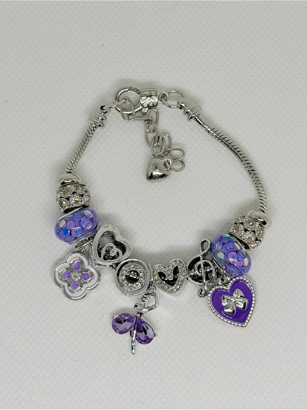 Silver-Tone Purple Charm Bracelet with Heart Charms